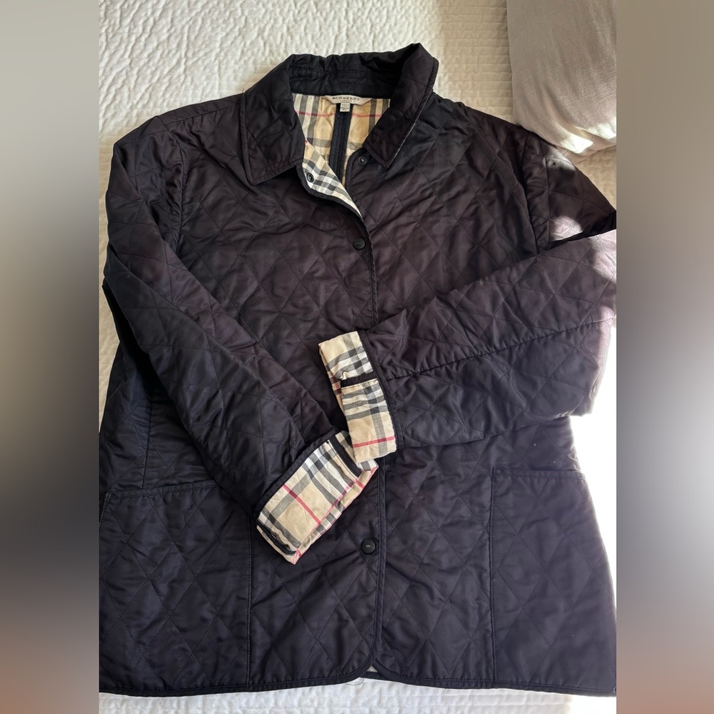 Black Burberry Chore Style Coat Quilted